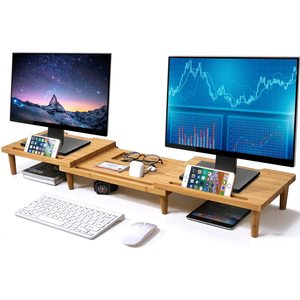 Bamboo computer <b>stand</b>, simple office computer display <b>stand</b>, home desktop computer three-in-one storage rack - Product Image 1