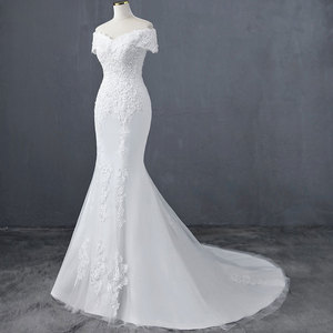 White Off Shoulder Mermaid Wedding Dress With Lace Applique Sweetheart Neckline Vintage Style - Product Image 3