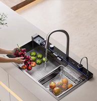 Évier de cuisine rectangulaire moderne multifonctionnel en acier inoxydable Maite Digital Smart Waterfall avec robinet et surface polie