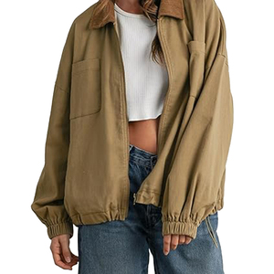 <strong>Women</strong> Barn Jacket Corduroy Collar Zipper Utility Jacket Cinchable Hem Workwear Jacket with Pockets - Product Image 3