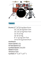 Batterie Complète Professionnelle 7 Pièces Taille Standard pour Adultes (Modèle YD-0001) - Comprend Supports de Cymbale, Tabouret, Pédale, Baguettes & Tom Basse – Vente en Gros/OEM