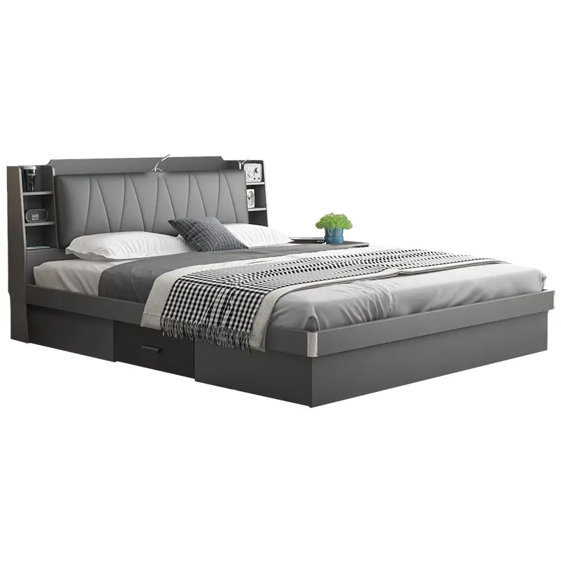Modern Simple Nordic High Box Storage Bed 1.5 / 1.8 M Multifunctional Double Bed