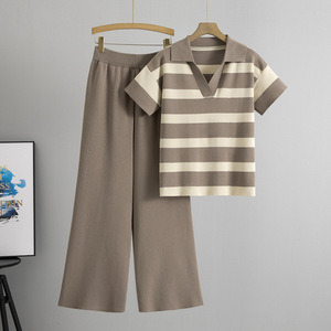 Conjunto Casual de Verano para Mujer, Top de Manga Corta con Cuello Polo a Rayas y Pantalones Anchos Lisos, Material Poliéster, Largo Completo - Product Image 3