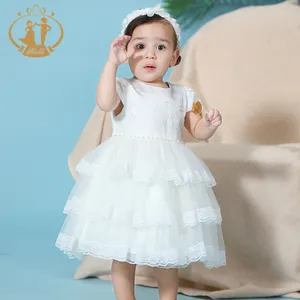 Новое Стильное платье цвета слоновой кости, детское праздничное платье с повязкой на голову, многослойное дизайнерское белое детское платье, летнее платье для маленьких девочек