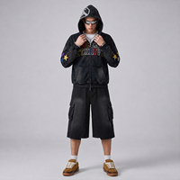 Sweat à capuche personnalisé avec broderie appliquée, effet vieilli, fermeture éclair ornée de strass, délavage acide, style vintage, en coton pour homme, streetwear