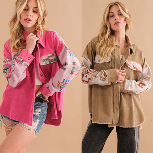 <span class=keywords><strong>Giacca</strong></span> Personalizzata da Donna 2025 con Motivo Azteco in Velluto a Coste Patchwork con Maniche Lunghe <span class=keywords><strong>Rosa</strong></span> e Kaki per Primavera e Autunno - Product Image 1