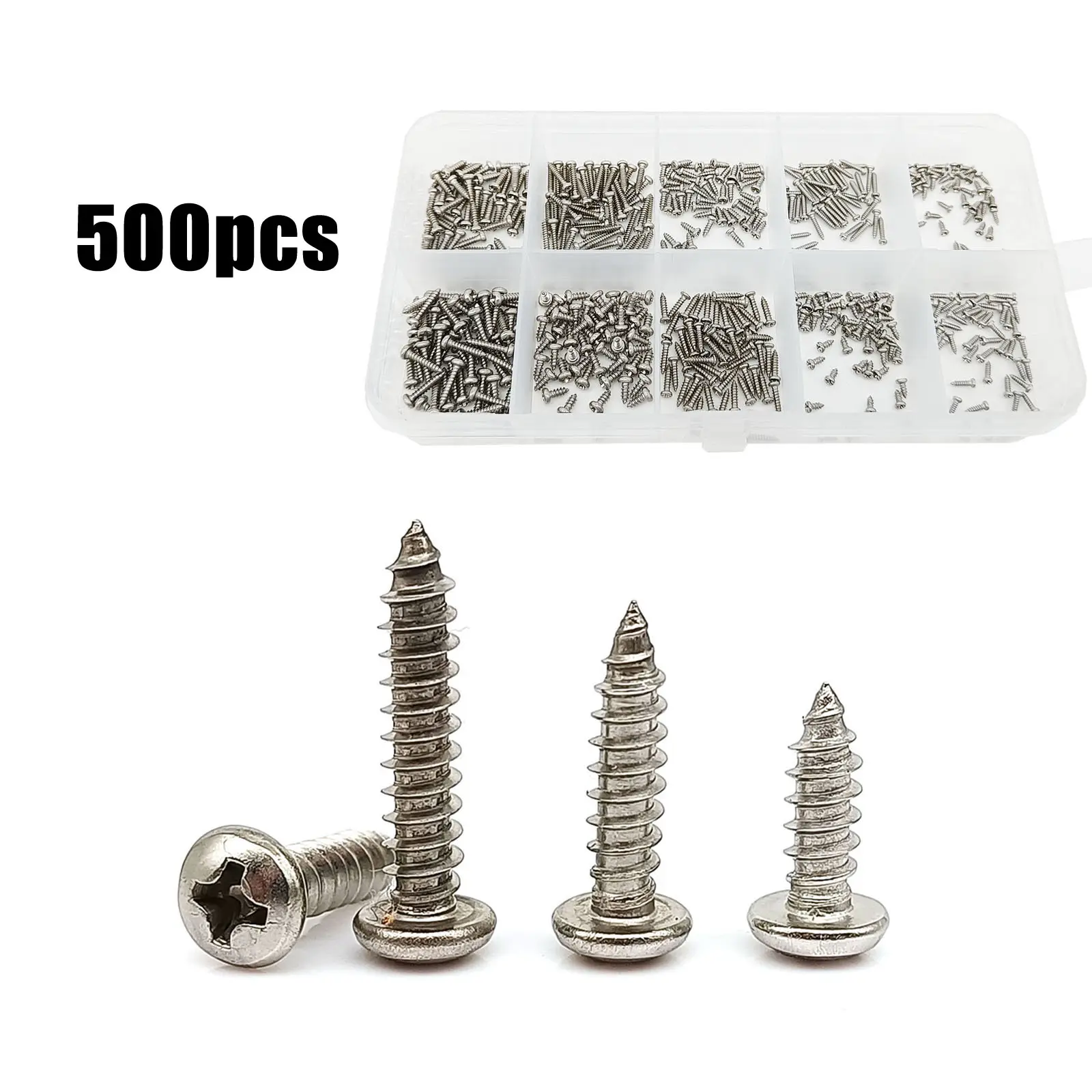 Total 500 pcs/box M1.2 M1.4 M1.7 304 A2-70 Acier Inoxydable Petit Croix Ronde Phillips Pan Tête Auto-taraudage Vis À Bois Ensemble Kit