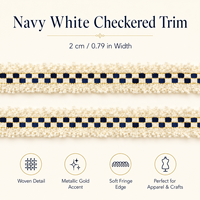 Ruban en dentelle tissée à carreaux blancs marine de 2 cm avec accent doré pour la couture de vêtements, sacs et décorations DIY