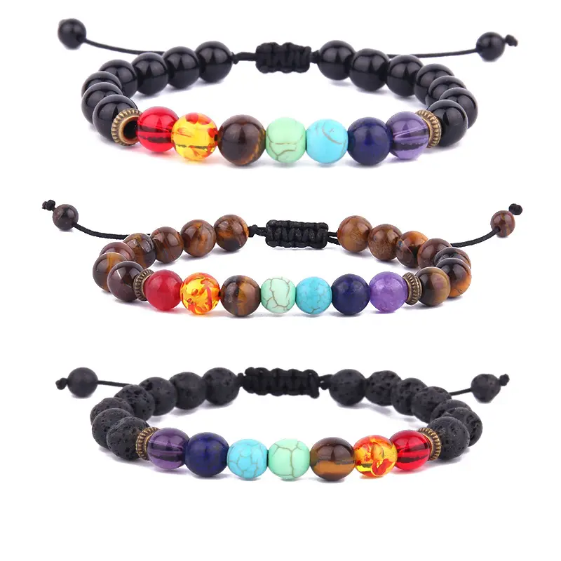 Adjustable Colorful Chakra Stone Amber Agate Turquoise Valconic Healing Energy Lava Stone Tiger Eye Braided Beaded Bracelet