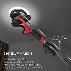 Ponceuse à cloison sèche électrique 1390W 225MM avec collecteur de poussière à fixation sous vide 5 vitesses variables avec poignée extensible et lumière LED