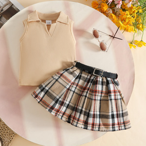 Ensemble trois pièces pour bébé de 0 à 3 <span class=keywords><strong>ans</strong></span> : haut sans manches à col châle à rayures en relief + jupe écossaise classique + <span class=keywords><strong>ceinture</strong></span>, été - Product Image 6