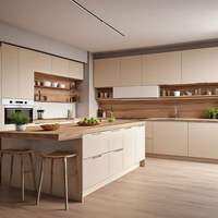 Meubles de cuisine Vermonhouzz bicolores beige et bois avec îlot central, armoires sur mesure sans poignées pour projet de maison contemporaine