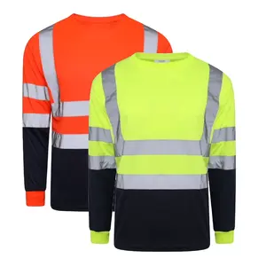 OEM/ODM 100% Polyester Hi Viz uzun kollu sınıf 3 emniyet gömleği yansıtıcı bant ile iş güvenliği T Shirt