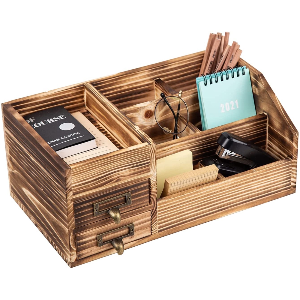 Оптовая продажа 100% натуральный 6 отсеков и 2 ящика деревенский деревянный офисный складной настольный органайзер для аксессуаров