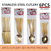 Ensemble de couverts en acier inoxydable doré 6 pièces, cuillères et fourchettes durables dans un emballage PVC pour restaurant, hôtel, cadeaux d'affaires