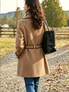 Elegant Notched Lapel Belted Midi Coat Contrast Piping Long Sleeve Slim Fit Fall Winter Women Outerwear Fashion Streetwear - Product Image 3