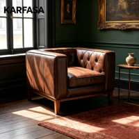Fauteuil club en cuir marron, capitonné à boutons, design diamant, pieds en bois, fauteuil vintage classique pour salon, coin lecture