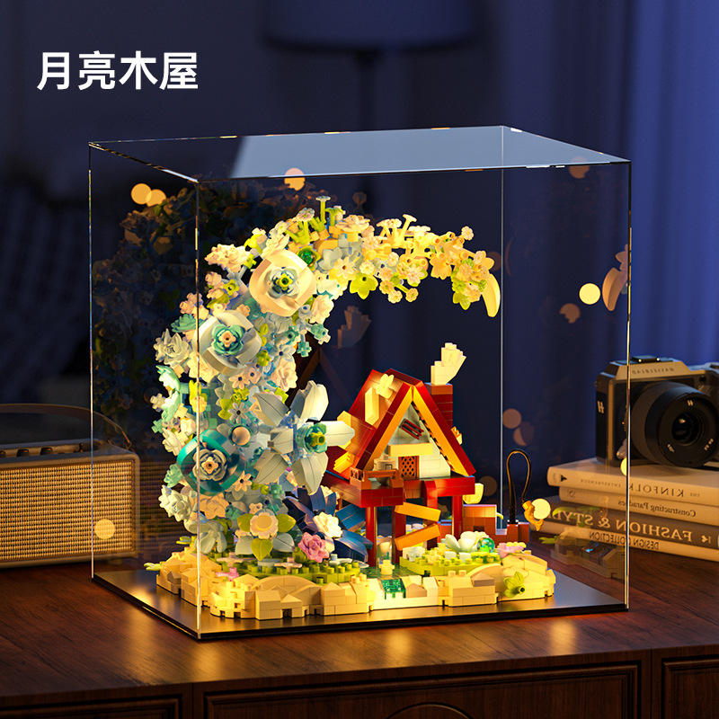 Maison en bois fleur de lune, lampe décorative, boîte de présentation en acrylique