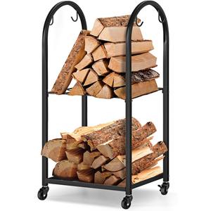 Support à bois mobile en métal <span class=keywords><strong>avec</strong></span> roues et 4 crochets – Organisateur de rangement pour bûches intérieur/extérieur pour cheminée/patio/brasero – Noir, écologique, moderne - Product Image 1