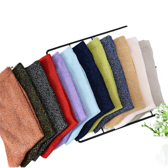 Korean Fashion Women's Glitter Socks Breathable Silver Silk Knitted Crew Length for Summer Daily Use Woven Techniques