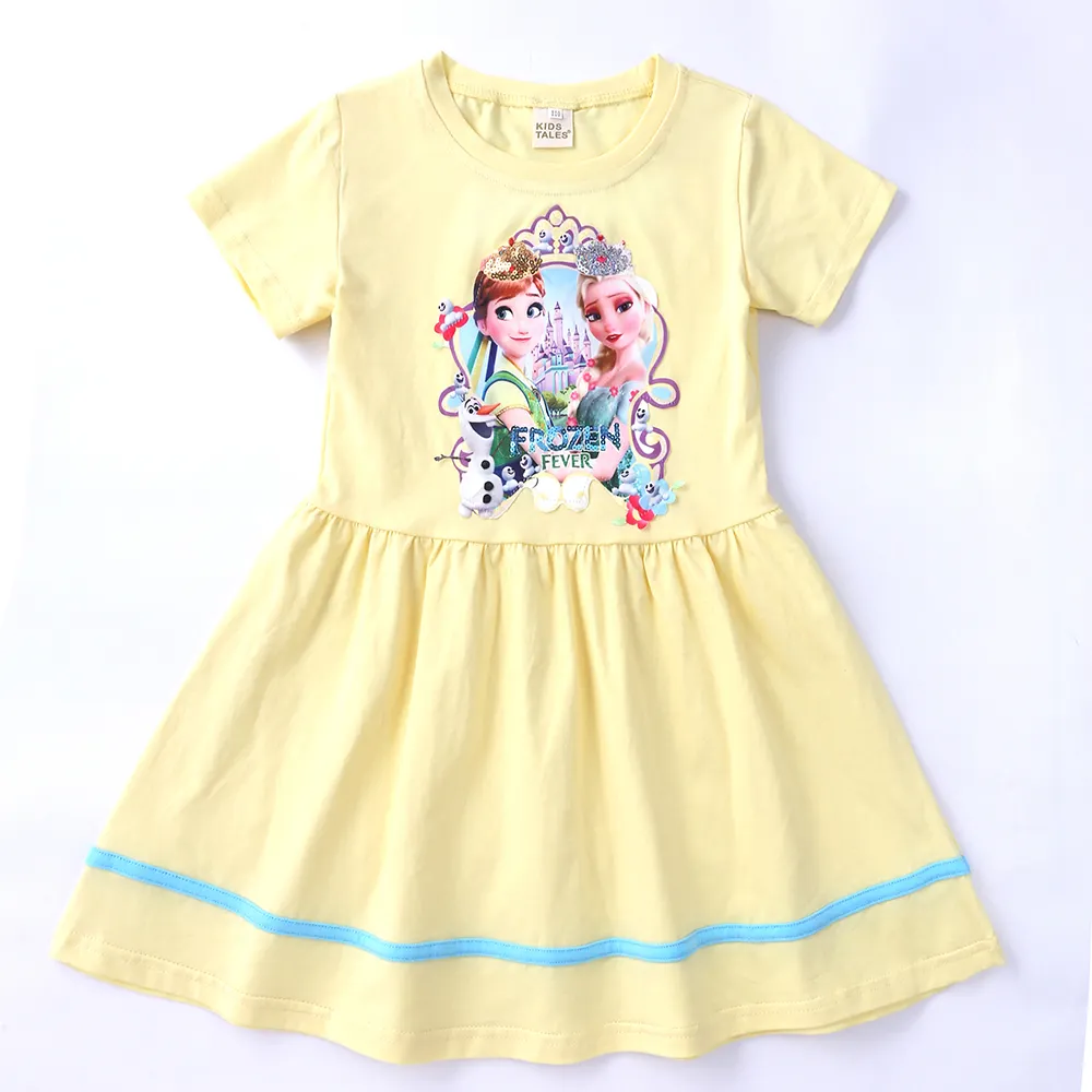 새로운 스타일 공주 인쇄 100% 코튼 니트 반팔 드레스 소녀 부티크 아기 여름 드레스