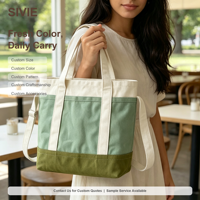 Tas Tote Kanvas Blok Warna Kustom, Tas Selempang Katun dengan Tali Lepas Pasang, Banyak Kantong, Tas Belanja Reusable