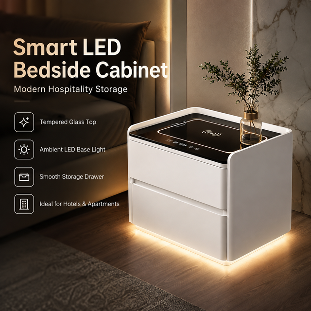 Smart LED Nightstand with Wireless Charging Touch Control 2 Drawers Bedside Table Tempered Glass for Hotel Modern
