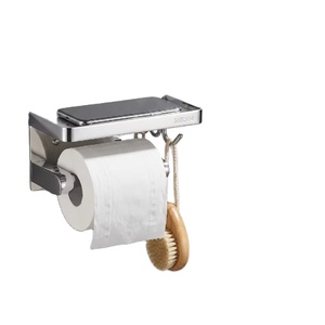Porte-papier toilette mural en acier inoxydable avec étagère pour téléphone et crochet, accessoire de salle de bain moderne minimaliste SUS304 - Product Image 1