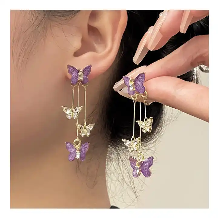 Buy Purple Rose Gold American Diamond Fancy Long Earrings Online From  Wholesale Salwar.