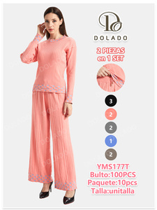 Pigiama da donna in maglia YMS177T a maniche lunghe, girocollo, lunghezza intera, morbido e casual, con logo a lettera frontale e vita elasticizzata - Product Image 3