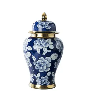 Classic blue and white flower case ceramic large ginger jar with gold rim