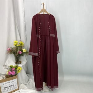 Modest Women Abaya Simple Luxury Rhinestones Pearls Cardigan With Pockets and Front Small Belt Eid Muslim Dubai New Abaya 1402# - Product Image 4