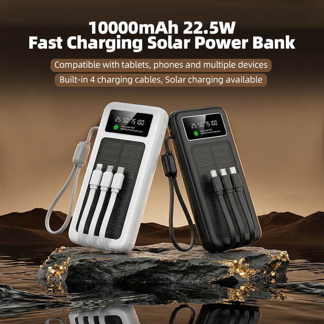 Portable High Capacity Powerbank PD 22.5W 10000mAh Digital Display with Torches Solar Power Bank Built in 4 Cables