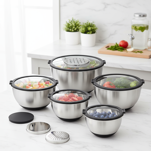 थोक स्टेनलेस स्टील सलाद मिश्रण कटोरे सेट के साथ पारदर्शी ढक्कन गैर-पर्ची आधार के साथ सेट किया गया - Product Image 2