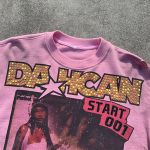 เสื้อยืดสไตล์วินเทจ Y2K ขอบดิบ ดีไซน์เนอร์ ผ้าคอตตอนหนา พิมพ์ลาย แอซิดวอช ประดับคริสตัล ลายกราฟิกแบบดิสเทรส - Product Image 3