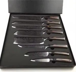 Beste Product 8 Inch Damascus Staal Laserpatroon Keuken Chef Mes Set 8 Stuks Handgemaakt Gesmeed Damascus Stalen Mes