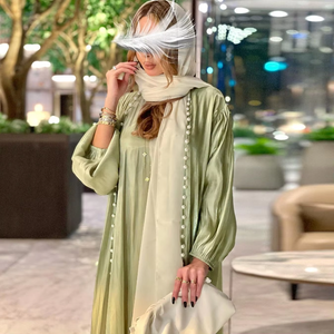 Oem 2 piezas Abaya Set Arabian Party Beaded Matching Outfits Mujeres Musulmanas Conjuntos Open Satin Abaya Cardigan Jalabiya Dubai Suit - Product Image 2