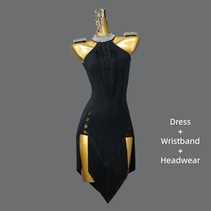 Robe de <span class=keywords><strong>danse</strong></span> latine noire à franges, col montant, dos nu, asymétrique, mini-robe pour concours et spectacle - Product Image 1
