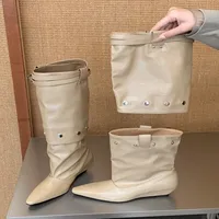 Nouvelles Bottes Hautes Femme Hiver à Bout Pointu, Style Tendance, avec Bride Détachable et Talon Compensé