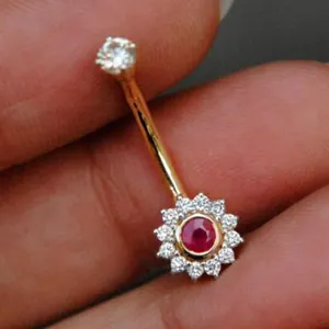 Натуральное бриллиантовое и рубиновое кольцо на пупок, 14 к, натуральное ТВЕРДОЕ ЗОЛОТО, плавающий пупок