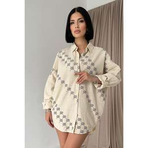 Vestido Camisero de Lino Beige Sencillo con Cuello Camisero, Transpirable, Tejido, Informal para Uso Diario - Product Image 3