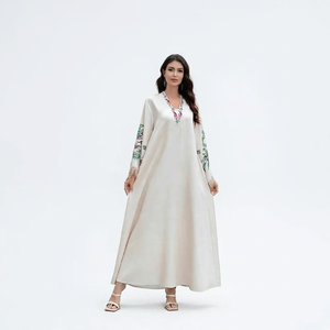 High Quality Women Floral Embroidered Long Sleeve Maxi Abaya V Neck Modest <b>Dress</b> Polyester Loose Fit Daily Wear Spring Seamless - Product Image 5