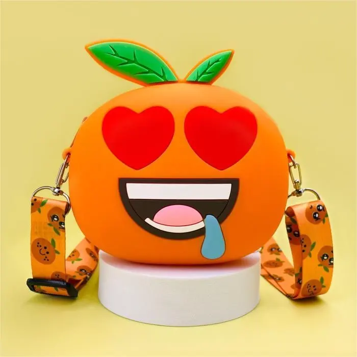 Ingrosso creativo divertente a forma di arancione cartone animato carino in silicone morbido borsa a tracolla per bambini