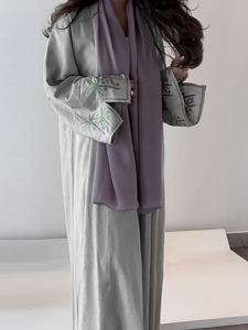 Conjunto de Abaya de Lino Transpirable con Diseño Abierto y Pañuelo de Chifón Bordado, ODM para Mujer, Todas las Temporadas - Product Image 4