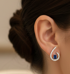 Boucles d'oreilles clous en or 9 carats avec saphir bleu octogonal naturel et diamants - Product Image 2