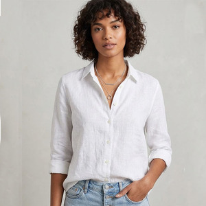 Atacado de Blusas e Camisas Femininas 100% Algodão Manga Regular com Botões Tingimento Liso Formal Decote V Solto Fornecedor de Roupas - Product Image 3