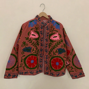 Chaqueta Auténtica Hecha a Mano Unisex de Color Durazno Terracota con Bordado Suzani, Transpirable, de Algodón, Manga Larga, Cuello Mandarín, para Otoño - Product Image 1