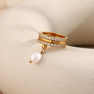 Anillo Colgante Dreamshow <span class=keywords><strong>de</strong></span> Acero Inoxidable 316L Chapado en Oro con Circonita y Perla, Joyería <span class=keywords><strong>de</strong></span> Moda, Talla Fija, Regalo para Mujer - Product Image 3