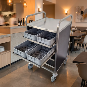Stainless Steel Mobile <b>Serving</b> <b>Trolley</b> with Retractable Drawer Trays, Hotel Restaurant for Restaurant Tableware Transport - Product Image 4