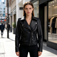 Veste en cuir asymétrique classique pour femme avec fermeture éclair, couleur et taille personnalisables, coupe-vent, style motard, pour le printemps et l'automne